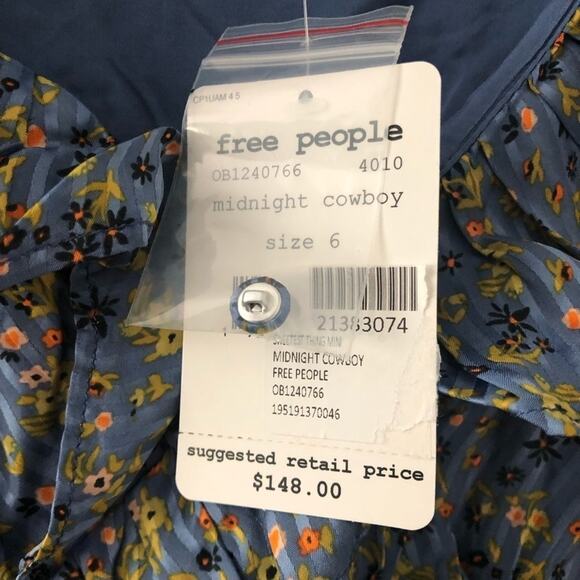 Free People Sweetest Thing Long Sleeve V Neck Dress Blue Floral NEW - Picture 8 of 10